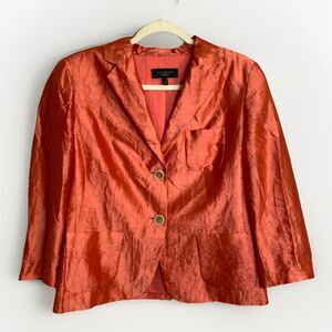 Talbots Crinkle Shimmer Blazer Coral Orange Silk Blend Jacket 2 Button Size 10